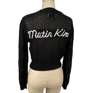 Matin Kim Black Open Knit Zip Up Cardigan Back Logo Cropped Sweater Womens